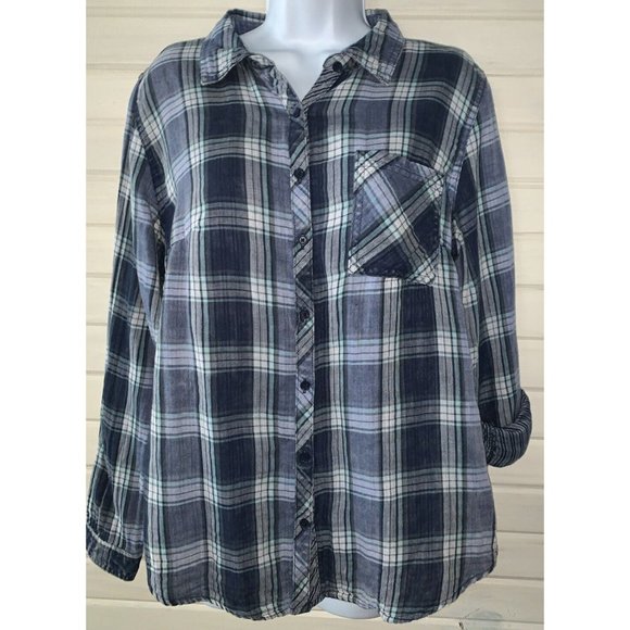 Maurices Sz LARGE Double Cloth Shirt Button Up Blue Plaid Pocket 100% Cotton EUC - Picture 3 of 10